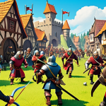 ** A bustling medieval town scene depicted in a vibrant, cartoonish style reminiscent of "Clash of Clans." Include various characters like archers, knights, and villagers going about their daily tasks. In the background, a fierce battle is taking place between two opposing clans. Capture the exciting, strategic elements of mobile strategy gaming.

**