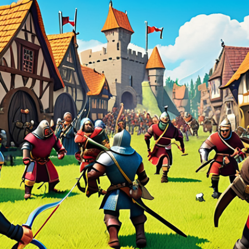 Home 6 ** A bustling medieval town scene depicted in a vibrant, cartoonish style reminiscent of "Clash of Clans." Include various characters like archers, knights, and villagers going about their daily tasks. In the background, a fierce battle is taking place between two opposing clans. Capture the exciting, strategic elements of mobile strategy gaming.
**