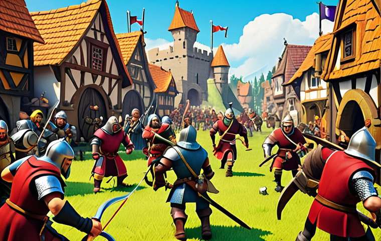 ** A bustling medieval town scene depicted in a vibrant, cartoonish style reminiscent of "Clash of Clans." Include various characters like archers, knights, and villagers going about their daily tasks. In the background, a fierce battle is taking place between two opposing clans. Capture the exciting, strategic elements of mobile strategy gaming.
**