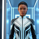 A confident, well-formed female avatar, fully clothed in a sleek, modest, futuristic digital outfit, designed for a professional metaverse environment. The outfit features clean lines, subtle geometric patterns, and elegant, non-revealing materials, ensuring professional dress. She stands in a brightly lit, minimalist virtual art gallery or a high-tech showroom, with soft, ambient lighting emphasizing the outfit's details. The background is blurred to keep focus on the subject. Perfect anatomy, correct proportions, natural pose, well-formed hands, proper finger count, natural body proportions. Professional photography, hyperrealistic detail, volumetric lighting, crisp focus. safe for work, appropriate content, fully clothed, professional.