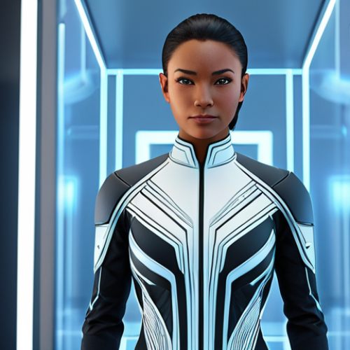 Home 21 A confident, well-formed female avatar, fully clothed in a sleek, modest, futuristic digital outfit, designed for a professional metaverse environment. The outfit features clean lines, subtle geometric patterns, and elegant, non-revealing materials, ensuring professional dress. She stands in a brightly lit, minimalist virtual art gallery or a high-tech showroom, with soft, ambient lighting emphasizing the outfit's details. The background is blurred to keep focus on the subject. Perfect anatomy, correct proportions, natural pose, well-formed hands, proper finger count, natural body proportions. Professional photography, hyperrealistic detail, volumetric lighting, crisp focus. safe for work, appropriate content, fully clothed, professional.