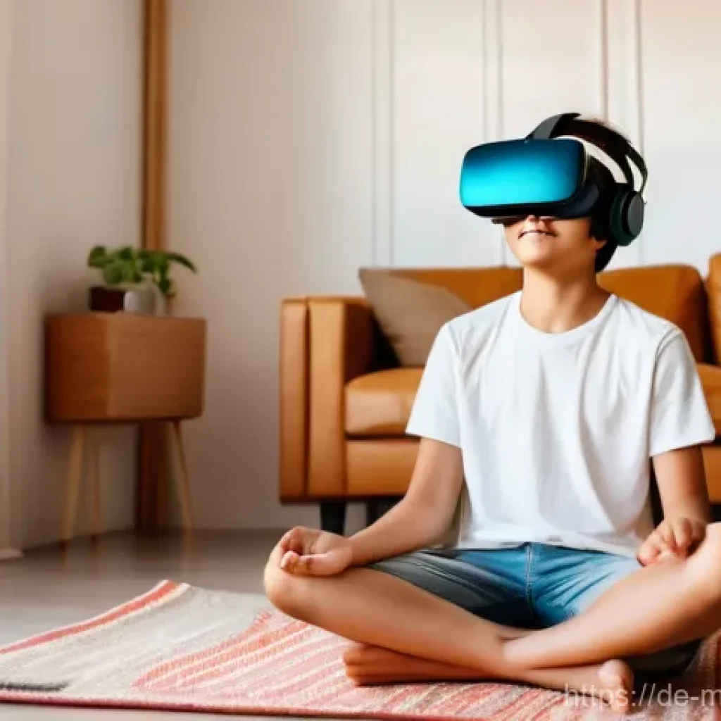 모바일게임 VR 적용 사례 - **Prompt:** A young person, approximately 16 years old, is seated cross-legged on a bright, comforta...