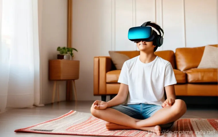 모바일게임 VR 적용 사례 - **Prompt:** A young person, approximately 16 years old, is seated cross-legged on a bright, comforta...