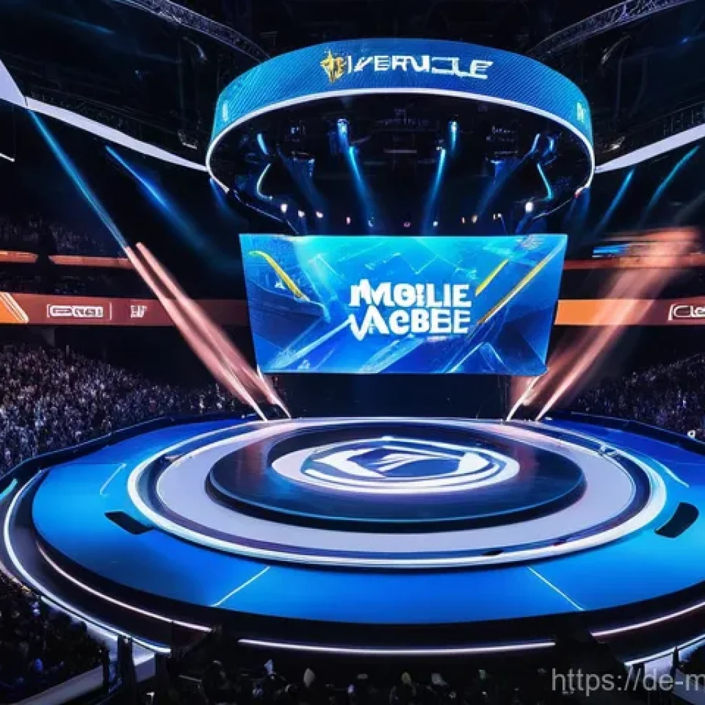 모바일게임 대회 일정 - **Prompt:** A dynamic, wide shot of a futuristic mobile esports arena filled with thousands of ecsta...