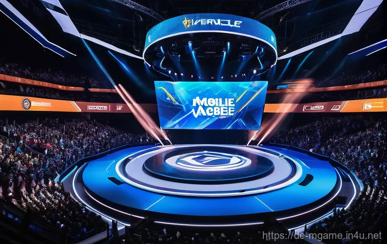 모바일게임 대회 일정 - **Prompt:** A dynamic, wide shot of a futuristic mobile esports arena filled with thousands of ecsta...
