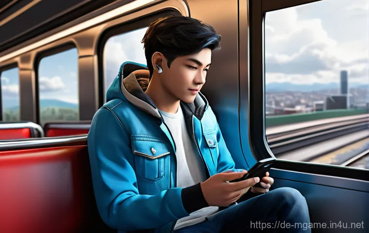 2025년 인기 모바일게임 - **Cloud Gaming on the Go:** A young adult, dressed in fashionable casual wear (jeans, t-shirt, light...