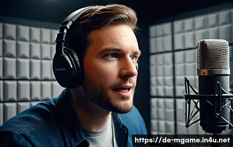 모바일게임 성우 정보 - **Prompt:** "A highly concentrated male voice actor, early 30s, with short, neat hair and dressed in...