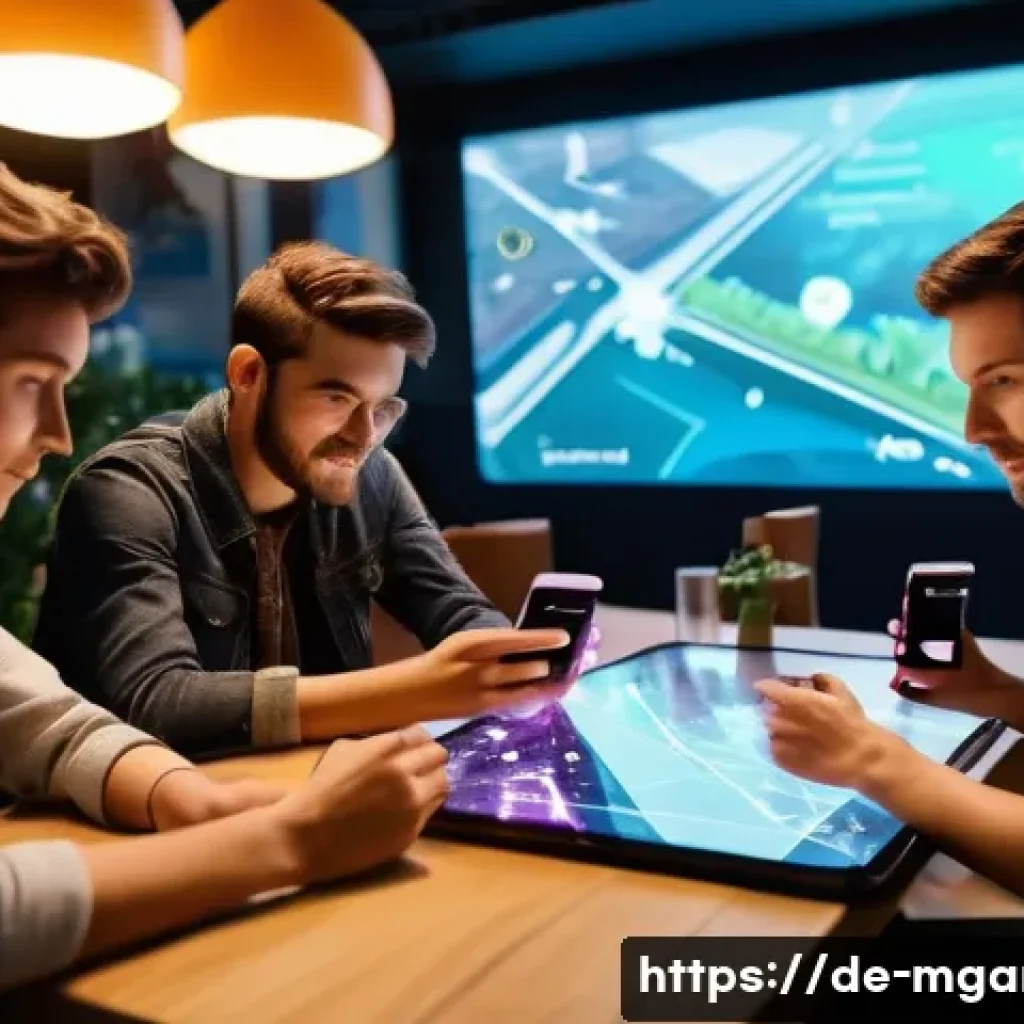 모바일게임 연간 트렌드 분석 - A futuristic mobile gaming scene showcasing a diverse group of young adults in a cozy urban caf&eacute; set...