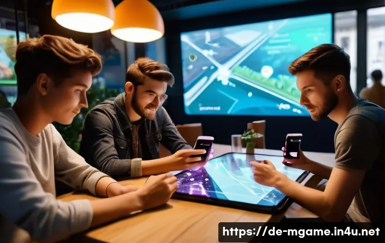 모바일게임 연간 트렌드 분석 - A futuristic mobile gaming scene showcasing a diverse group of young adults in a cozy urban caf&eacute; set...