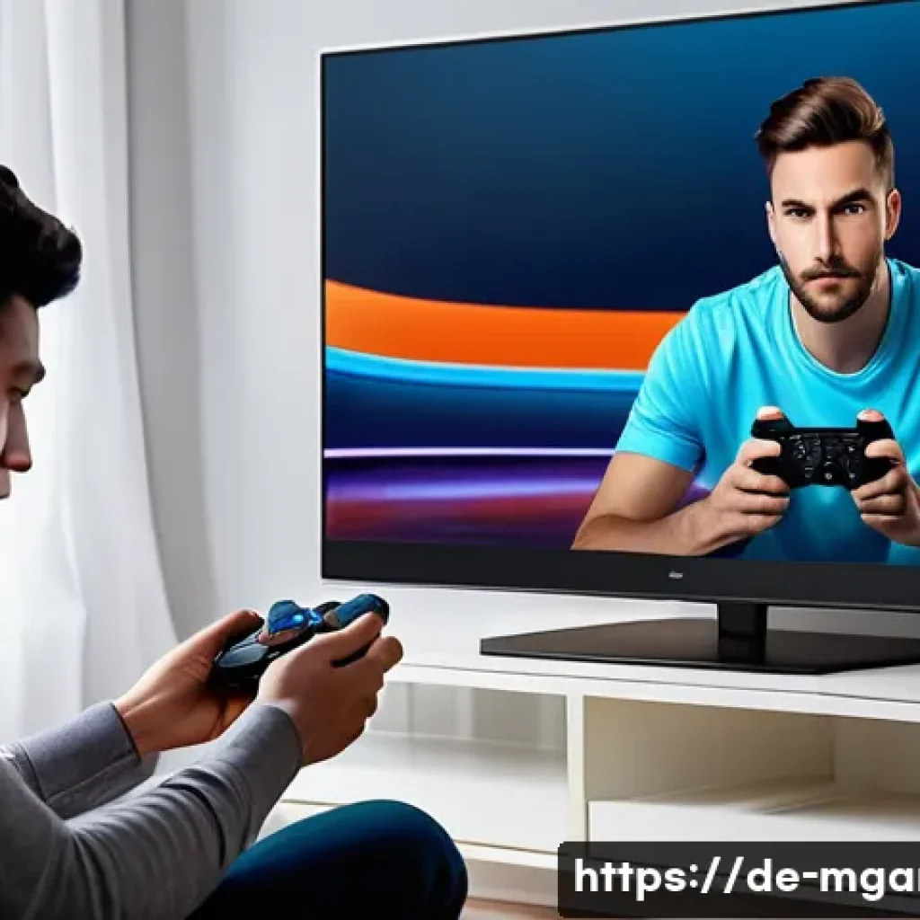 모바일게임 콘솔 연동 - A modern living room scene showing a young adult casually playing a video game on a large flat-scree...