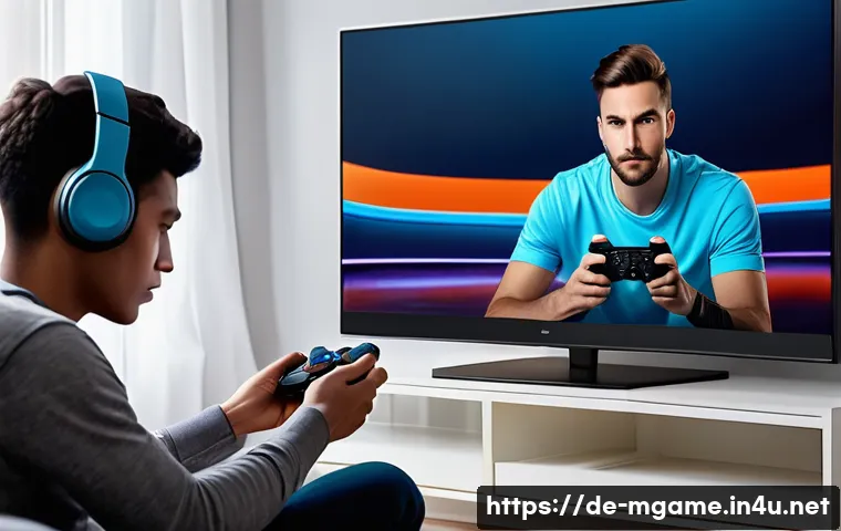 모바일게임 콘솔 연동 - A modern living room scene showing a young adult casually playing a video game on a large flat-scree...