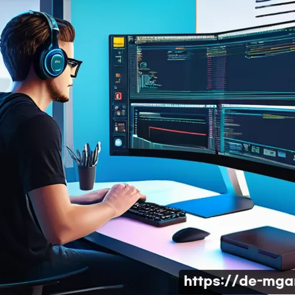 모바일게임 제작 엔진 - A detailed digital illustration of a modern game development workspace showcasing a developer using ...