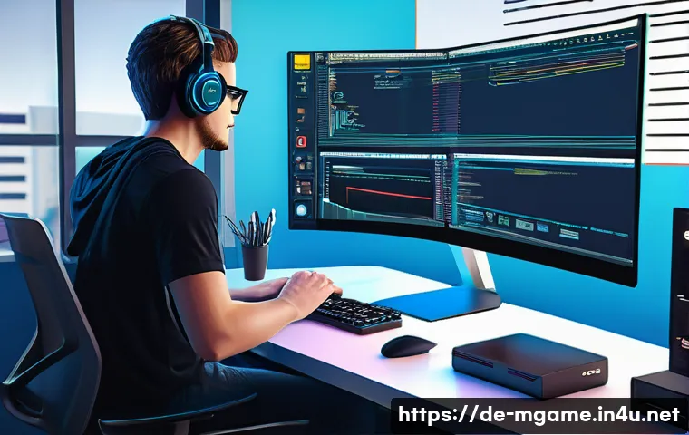 모바일게임 제작 엔진 - A detailed digital illustration of a modern game development workspace showcasing a developer using ...