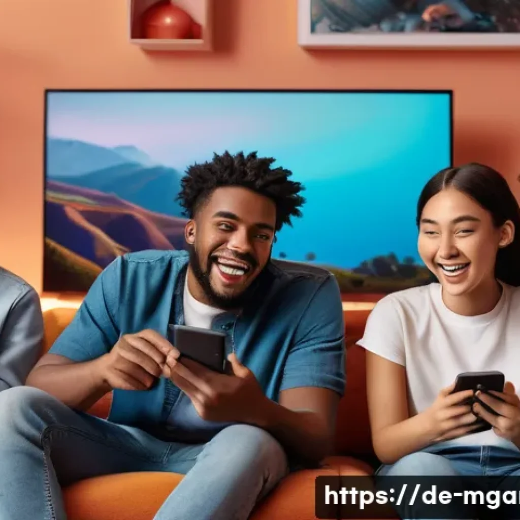 모바일게임 프로모션 - A vibrant and dynamic scene depicting a diverse group of mobile gamers in a cozy, modern living room...