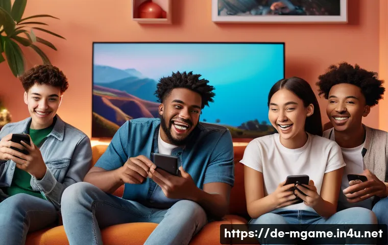 모바일게임 프로모션 - A vibrant and dynamic scene depicting a diverse group of mobile gamers in a cozy, modern living room...