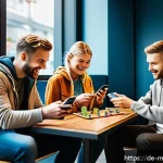 모바일게임 플레이 타임 비교 - A vibrant mobile gaming scene showing a diverse group of German casual gamers in a modern urban sett...