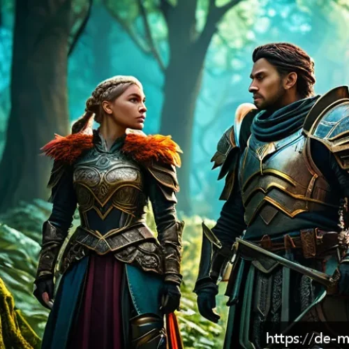 넷마블 게임 리스트 - A vibrant fantasy RPG world scene featuring a diverse group of heroes in detailed armor and clothing...