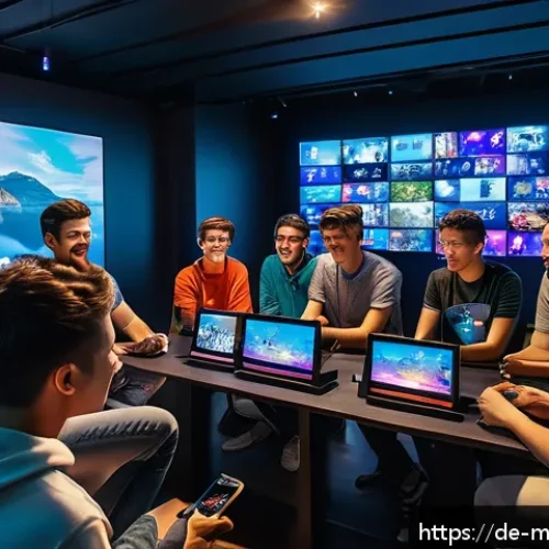 모바일게임 초회 한정판 - A vibrant and dynamic gaming scene showing a diverse group of young adults eagerly watching a large ...