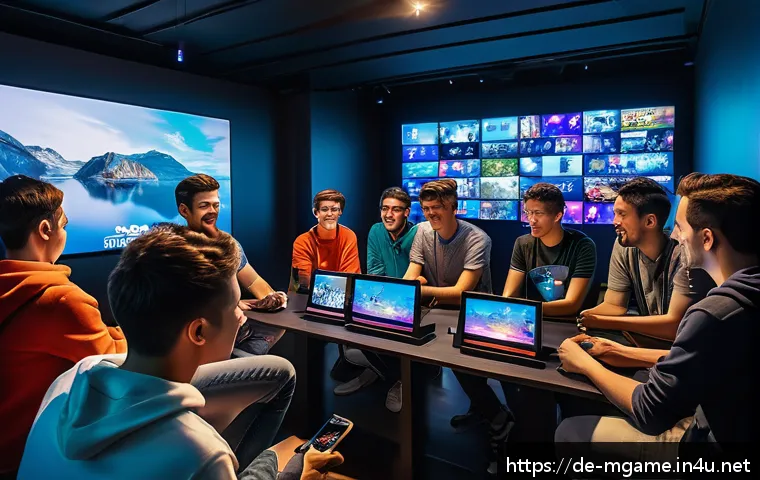 모바일게임 초회 한정판 - A vibrant and dynamic gaming scene showing a diverse group of young adults eagerly watching a large ...