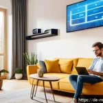 모바일게임 다운로드 방법 - A modern German living room scene showing a young adult using a smartphone connected to a strong Wi-...