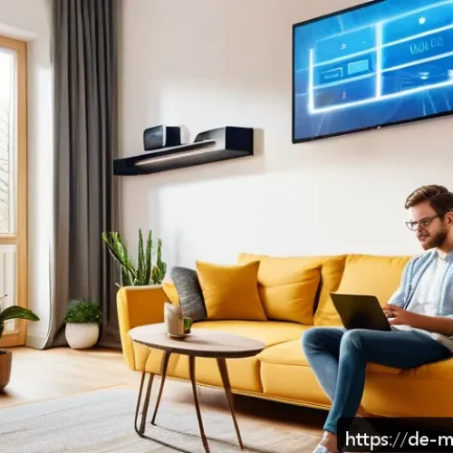 모바일게임 다운로드 방법 - A modern German living room scene showing a young adult using a smartphone connected to a strong Wi-...
