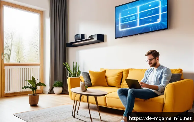 모바일게임 다운로드 방법 - A modern German living room scene showing a young adult using a smartphone connected to a strong Wi-...