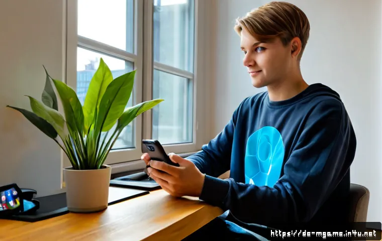 모바일게임 AR 기능 - Photorealistic young German adult seated at a tidy Berlin apartment desk, holding a smartphone and p...