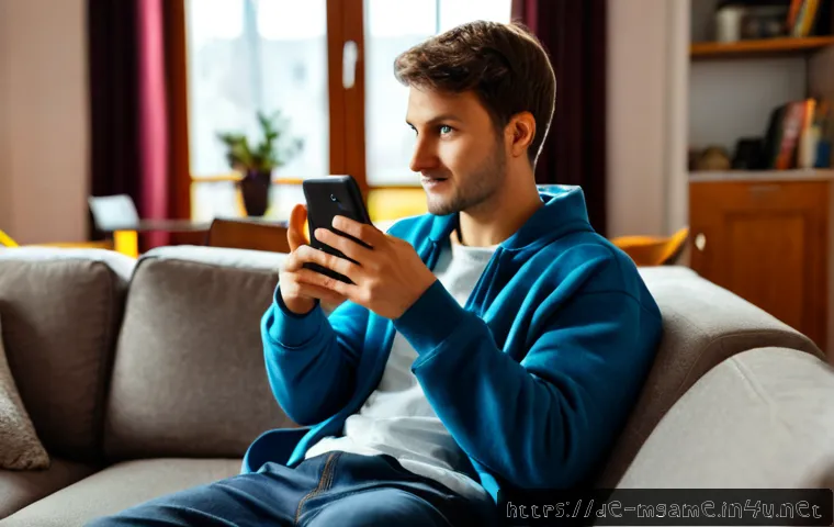 모바일 RPG 추천 - Photorealistic cozy German apartment living room, a relaxed adult gamer seated on a sofa holding a s...