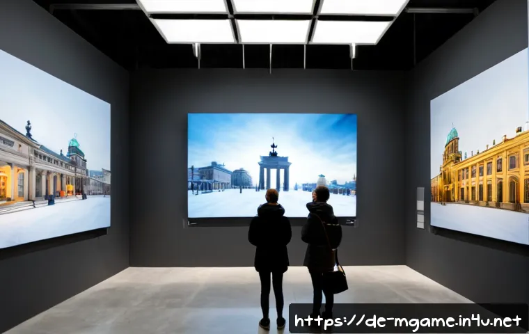 모바일게임 아트워크 전시 - Photorealistic contemporary mobile game artwork exhibition in a bright Berlin gallery, large unbrand...